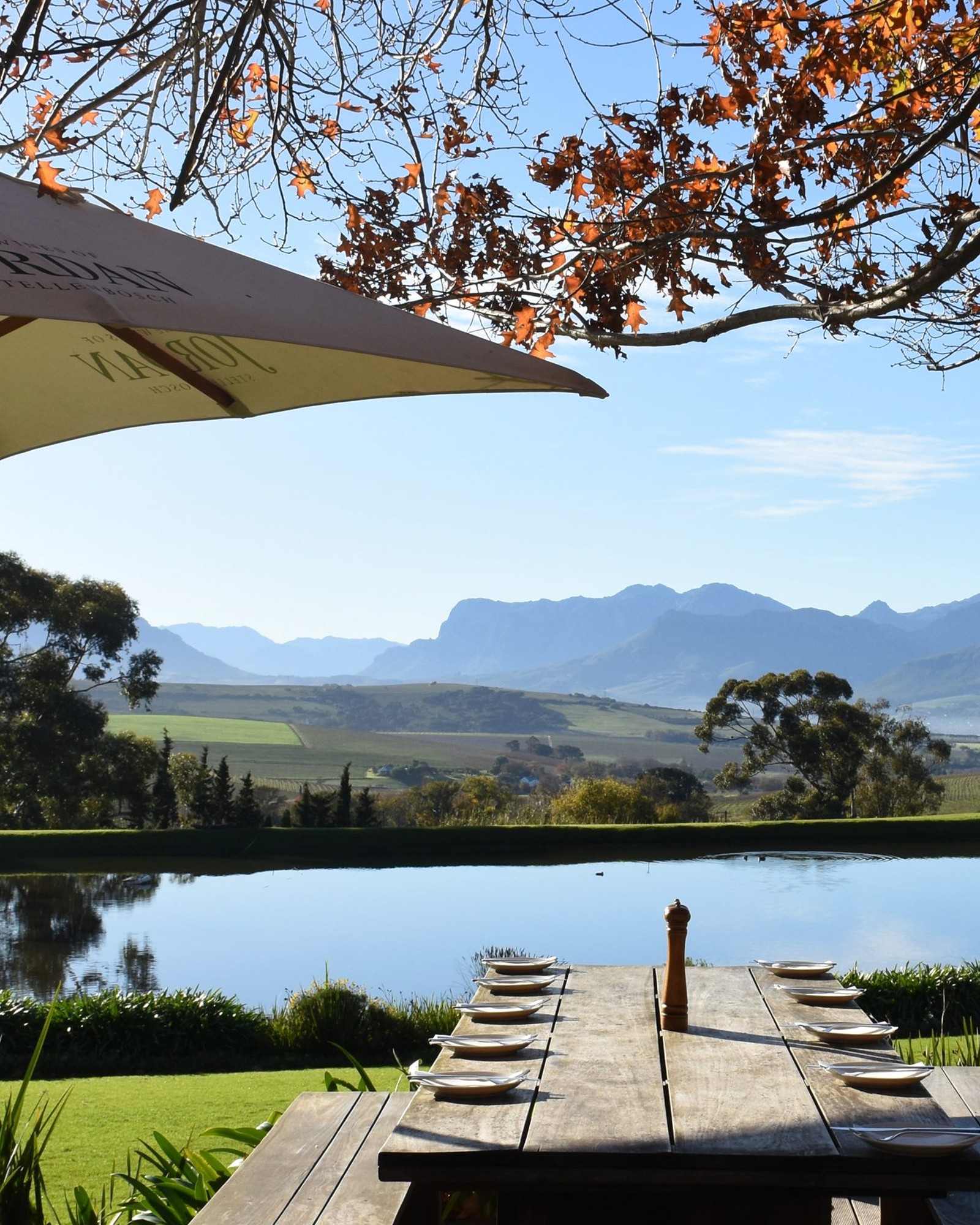 The Jordan Wine Estate dam, table set with mountain view, Stellenbosch